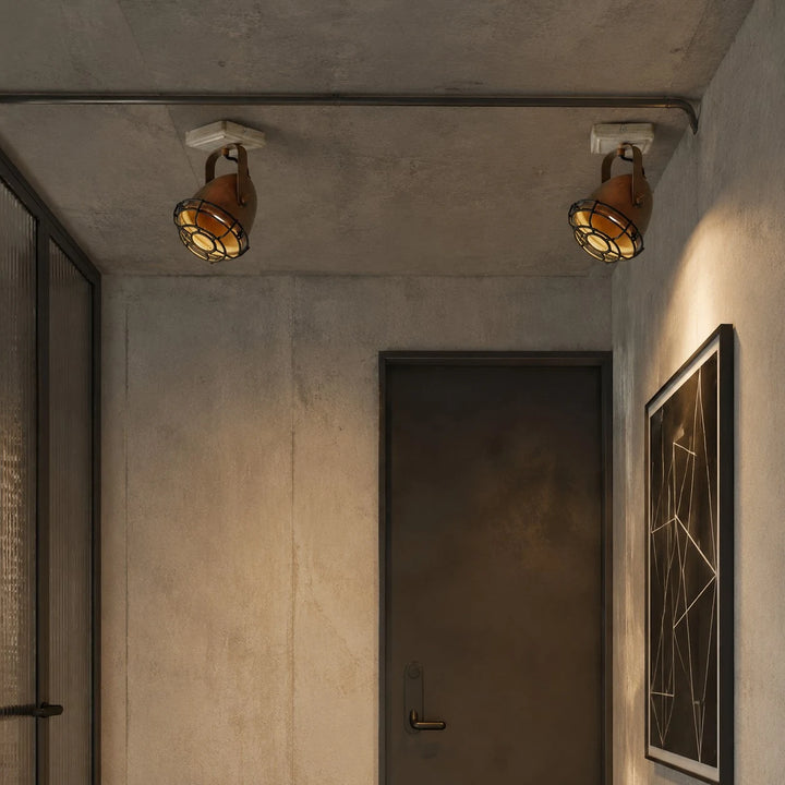 Rust ceiling spotlight installed in an industrial hallway
