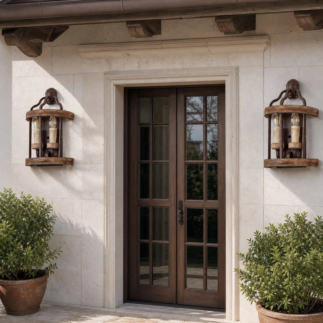 Rustic wall sconces beside an entry door