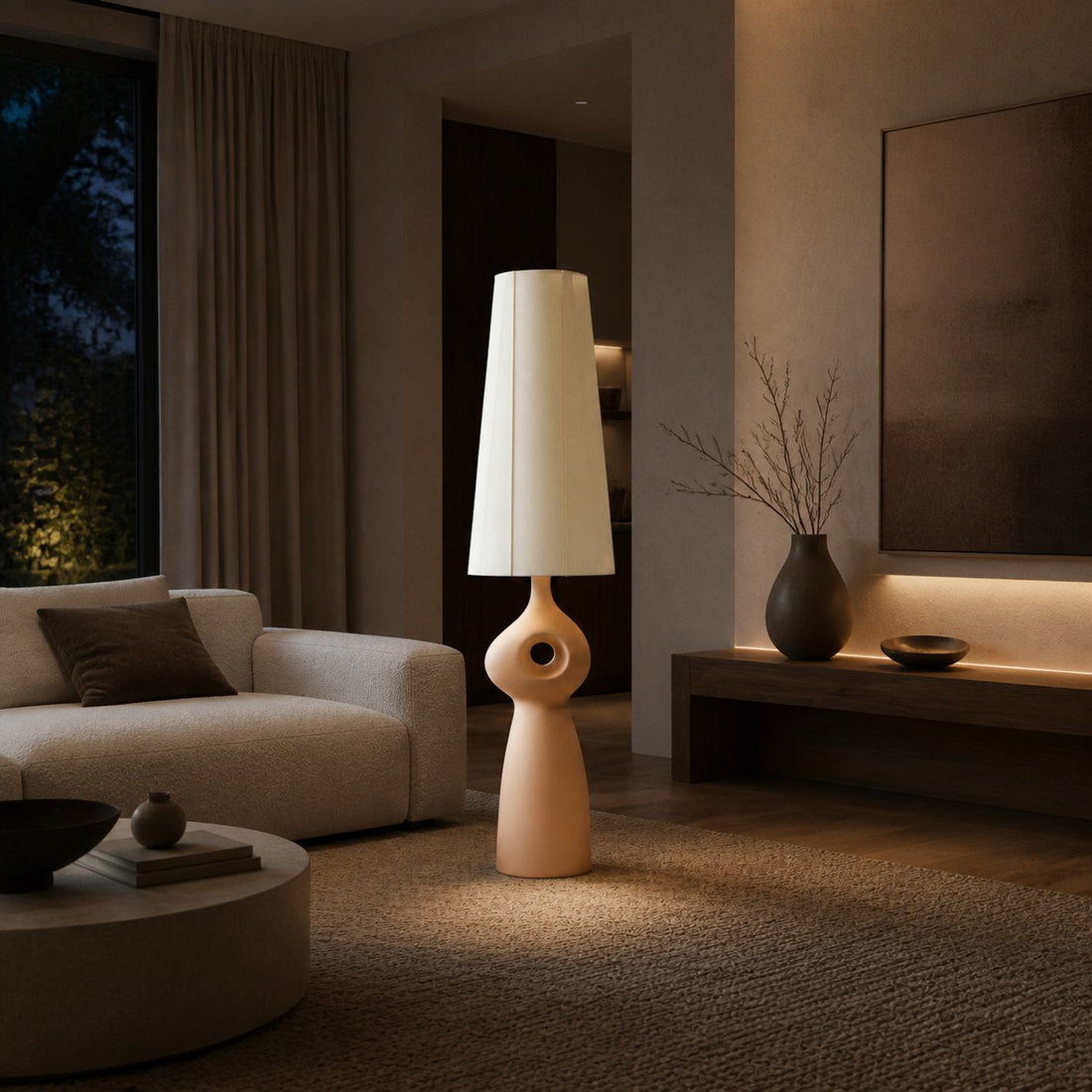 Pryssa Sculptural Ceramic Floor Lamp - Ivory Linen Shade for Living Room Accent