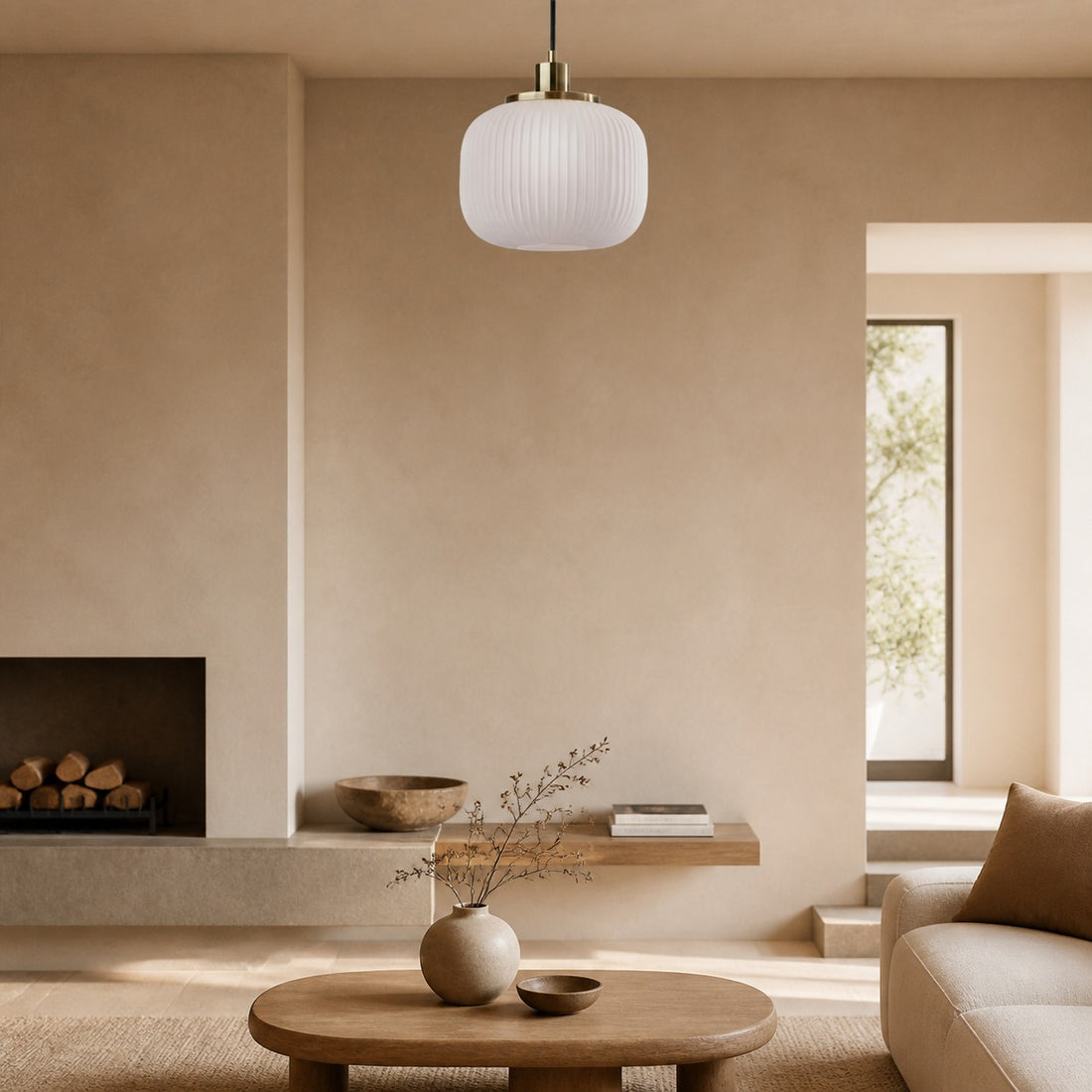 Pelviona Modern Ribbed Glass Pendant - Frosted & Brass Ceiling Light Add Timeless Charm to Your Space