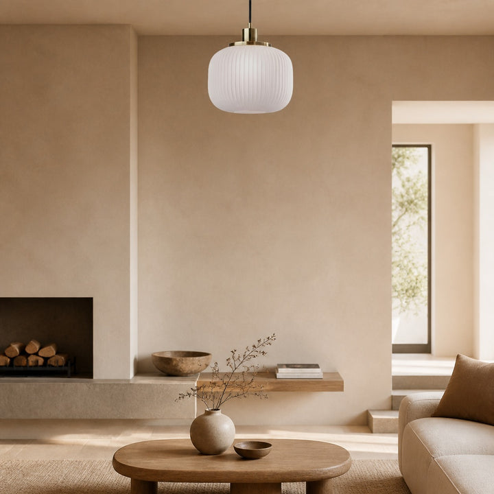 Pelviona Modern Ribbed Glass Pendant - Frosted & Brass Ceiling Light Add Timeless Charm to Your Space