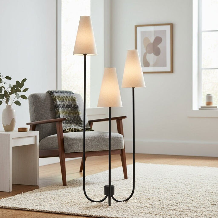 Cordove Three-Tapered Shade Floor Lamp – Modern minimalist Metal Fabric Light for Living Room