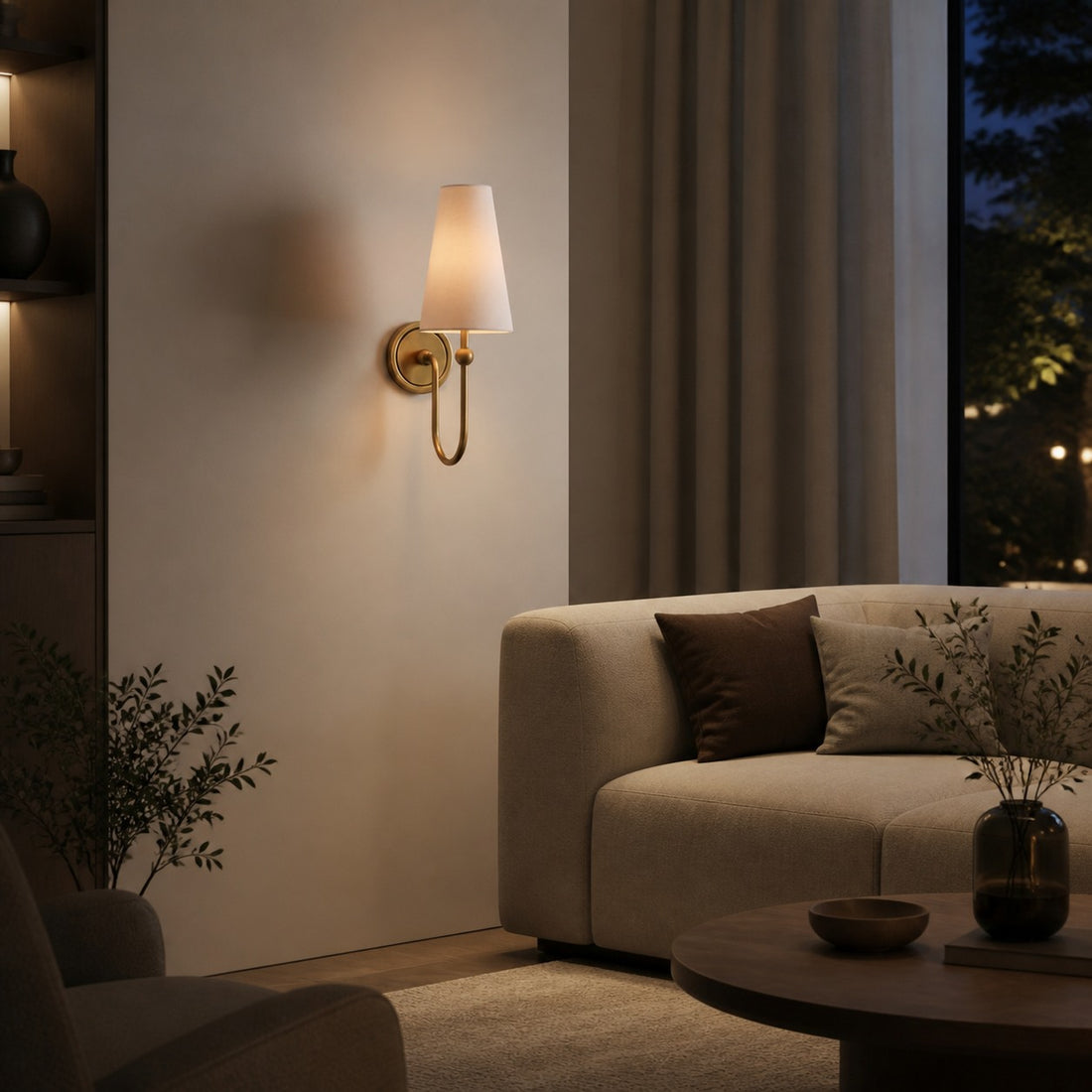 Serena Elegant Swoop Arm Sconce – Modern Fabric Shade Wall Lamp for Hallway and Bedroom