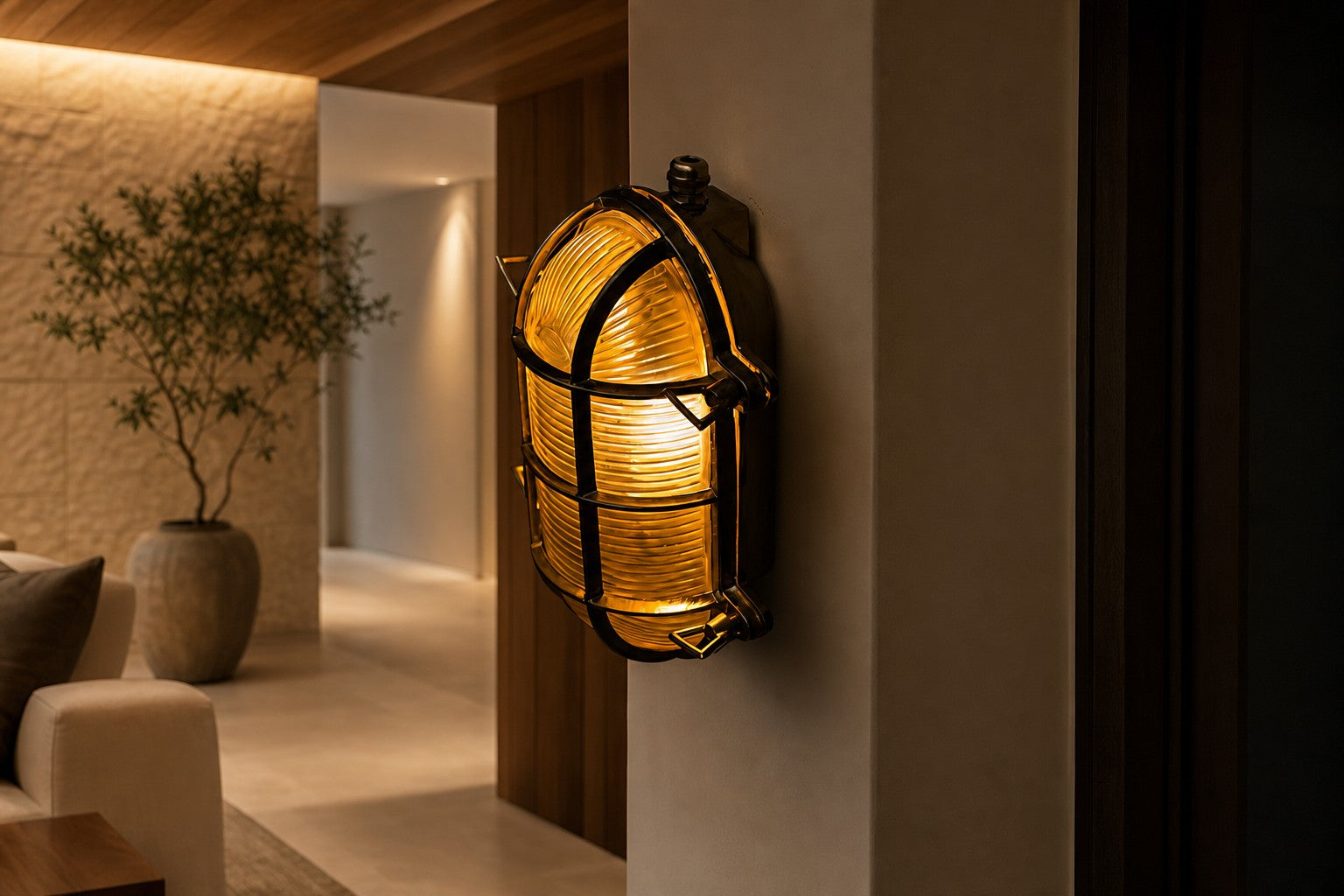 Ivoran Bulkhead Wall Sconce - Brass Caged Glass Vintage Industrial Light for Outdoor and Bathroom