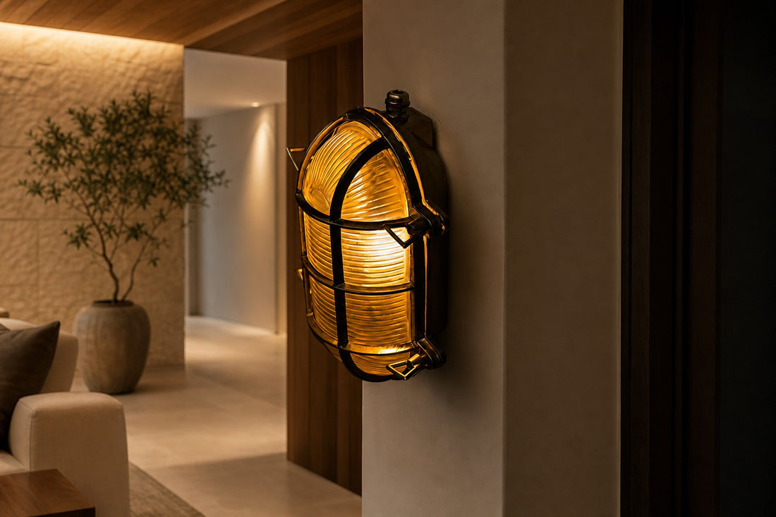 Ivoran Bulkhead Wall Sconce - Brass Caged Glass Vintage Industrial Light for Outdoor and Bathroom