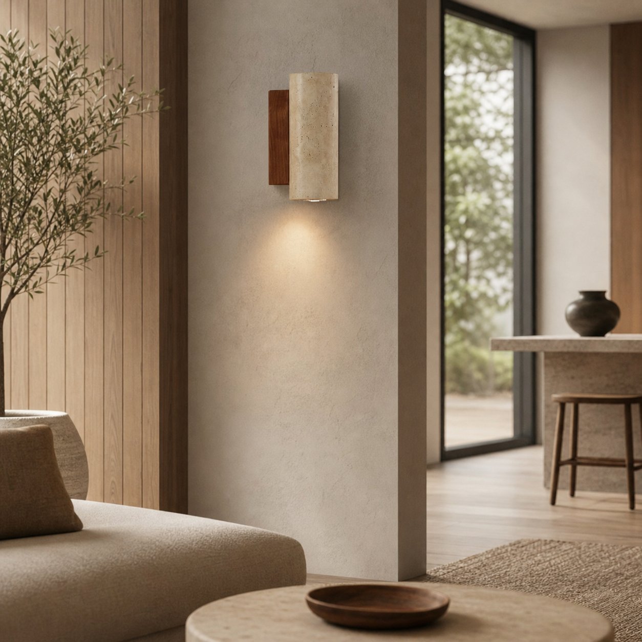 Slivara Natural Stone Backplate with Warm Amber Shade - Vintage Modern Slivara Wall Sconce for Living Room