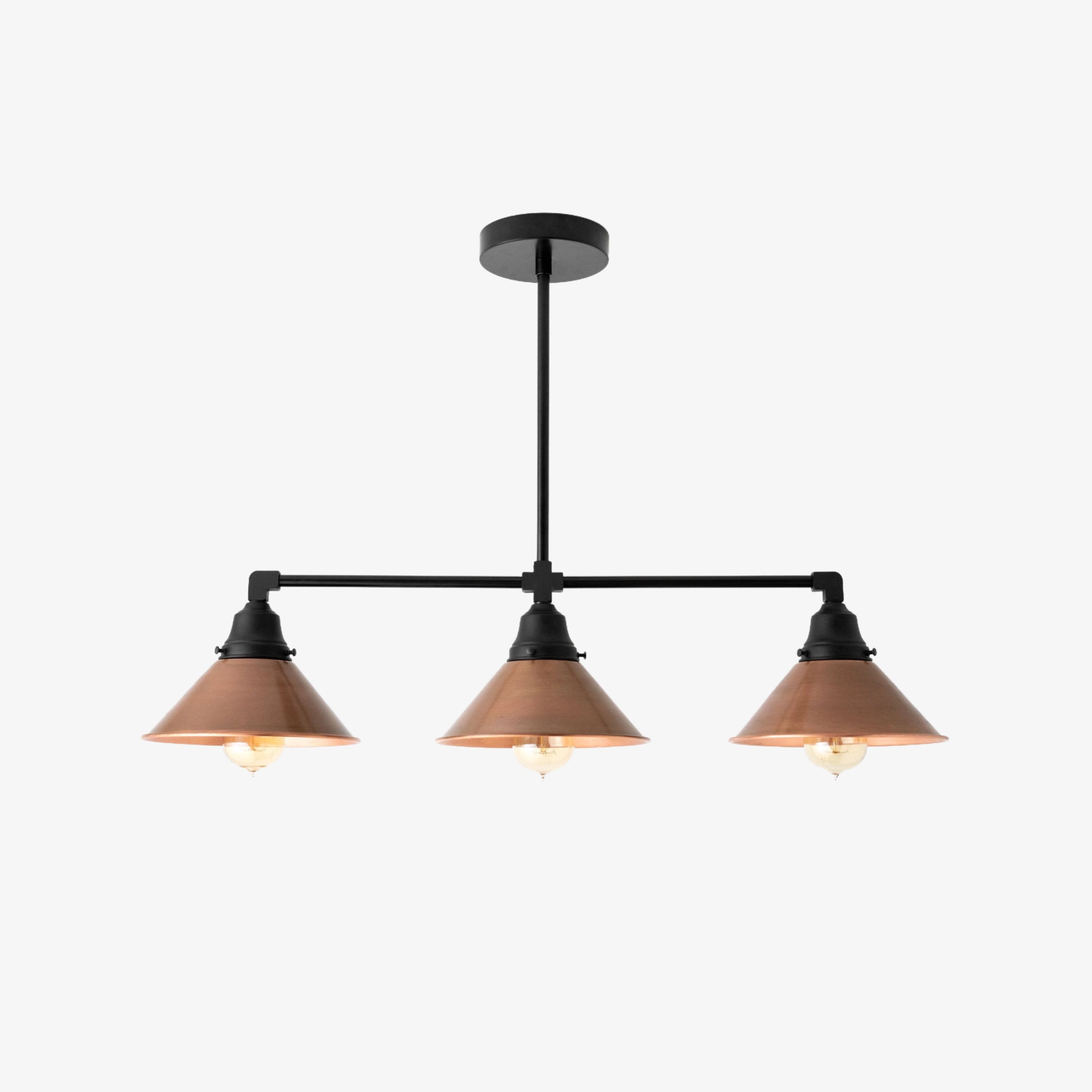 Conique Metal Aged Copper Three-Light Pendant – Sleek Industrial Fixture for Dining Rooms