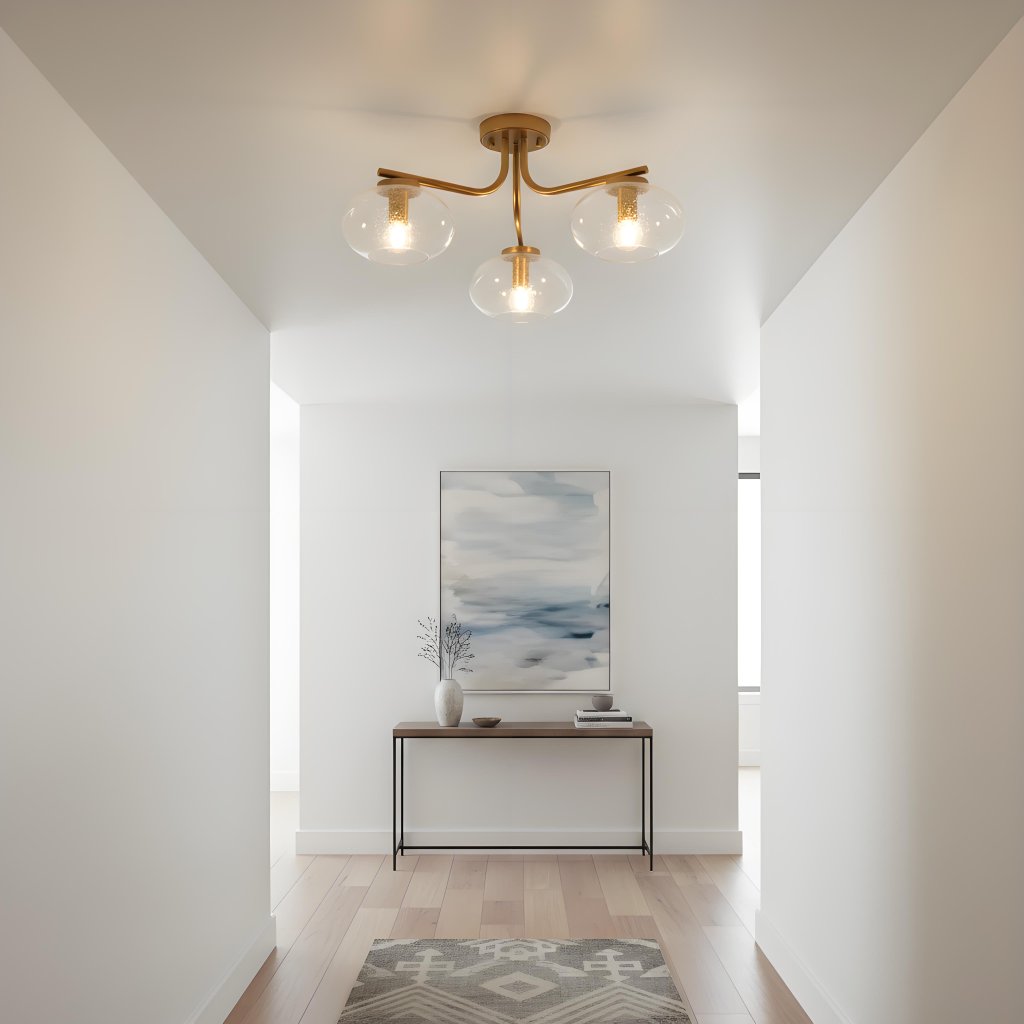 Bublaris Bubble-Glass Semi-Flush Ceiling Light - Curved Brass Arms for Living Room or Hallway