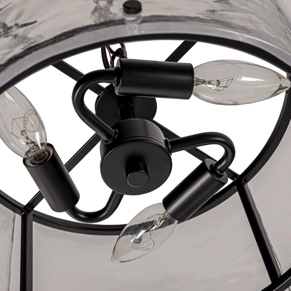 Water Ripple Drum Pendant Light - Matte Black Clear Glass 3-Light Chandelier