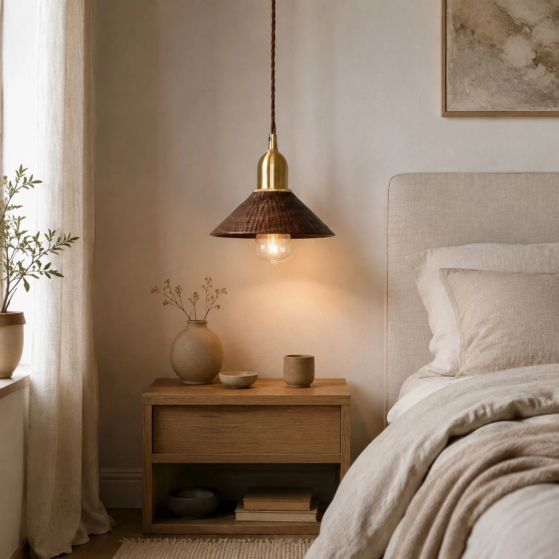 Black walnut pendant light installed beside a softly styled bed