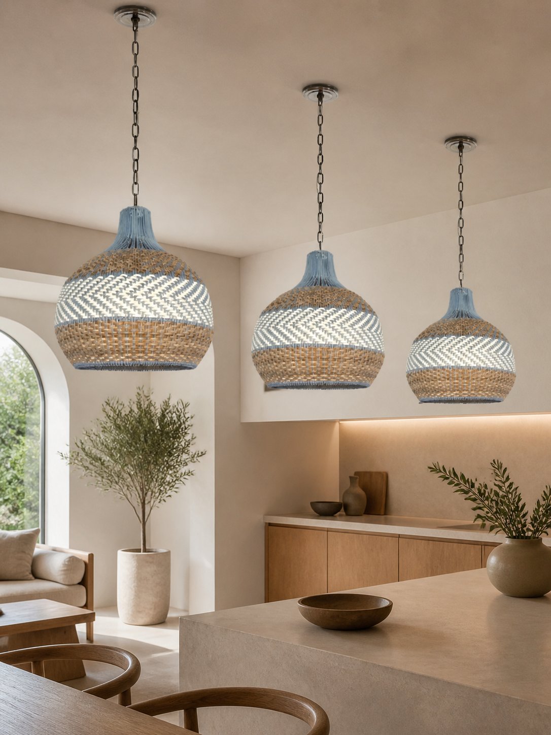 Handwoven Blue Rattan Pendant Light