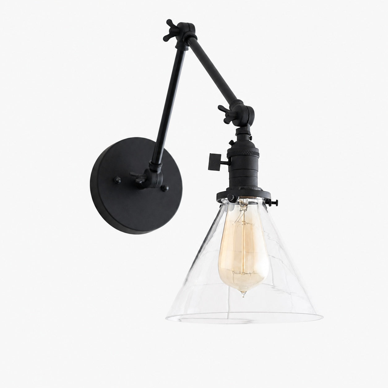 Conique Metal Industrial Wall Sconce with Adjustable Arm - Vintage Glass Cone Shade