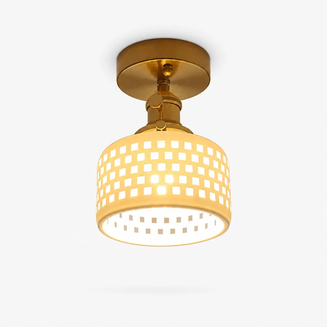 Flush mount grid ceramic ceiling light with brass canopy