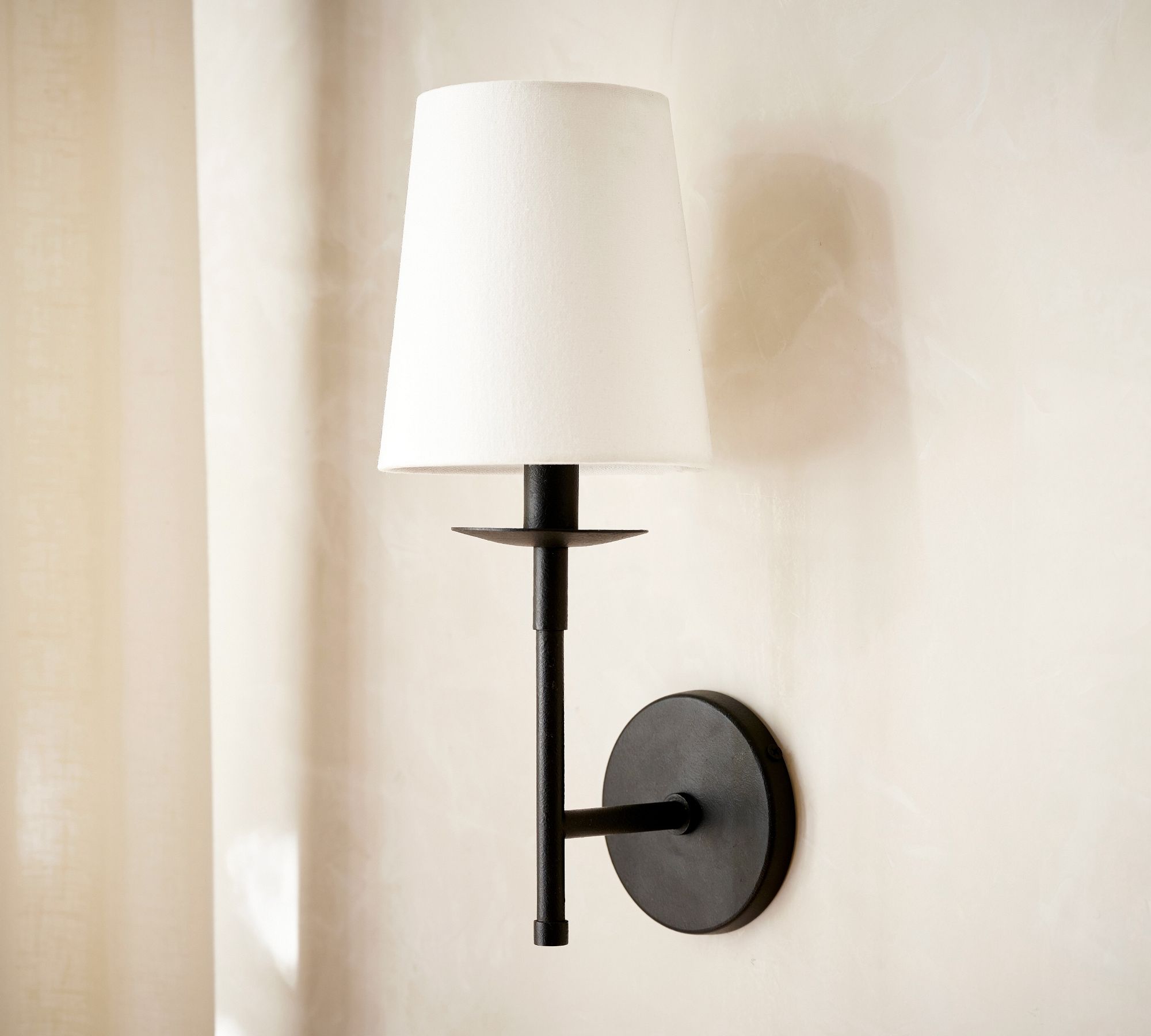 Rowan Bronze or Brass Wall Sconce - Iron Light with White Linen Shade for Home