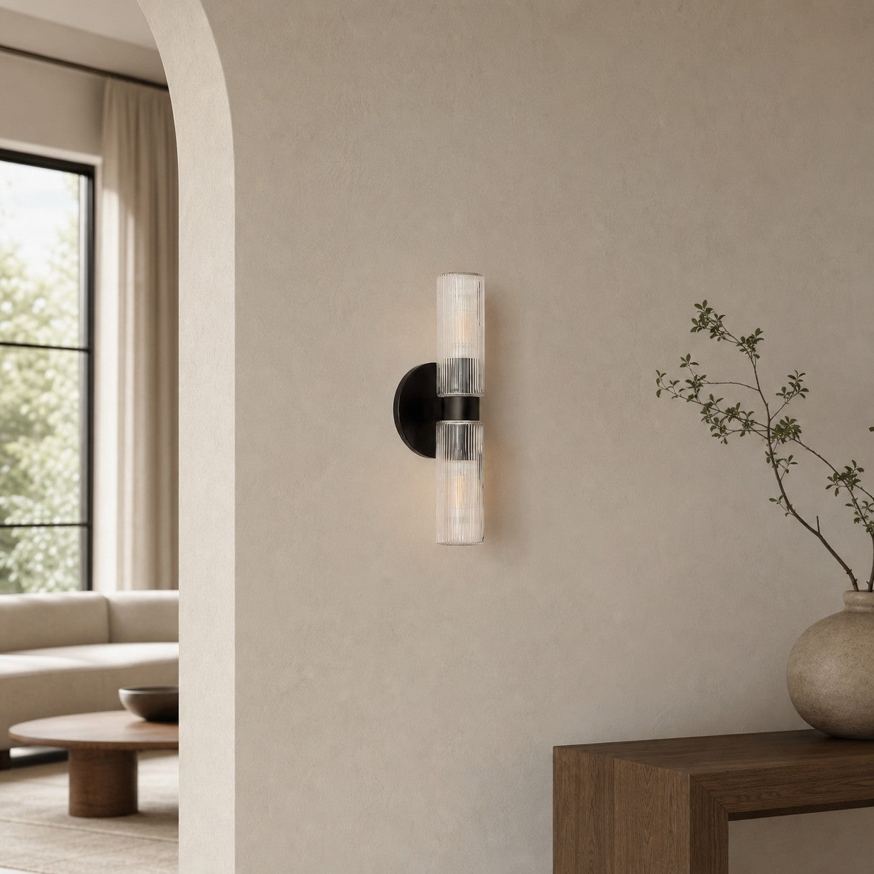 Rivora Fluted Glass Double Short Sconce - Indoor Outdoor Wall Light Elegance