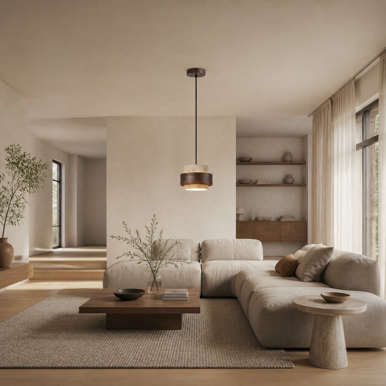 Stonel Contemporary Travertine Cylinder Pendant Lamp with Wood Frame U14