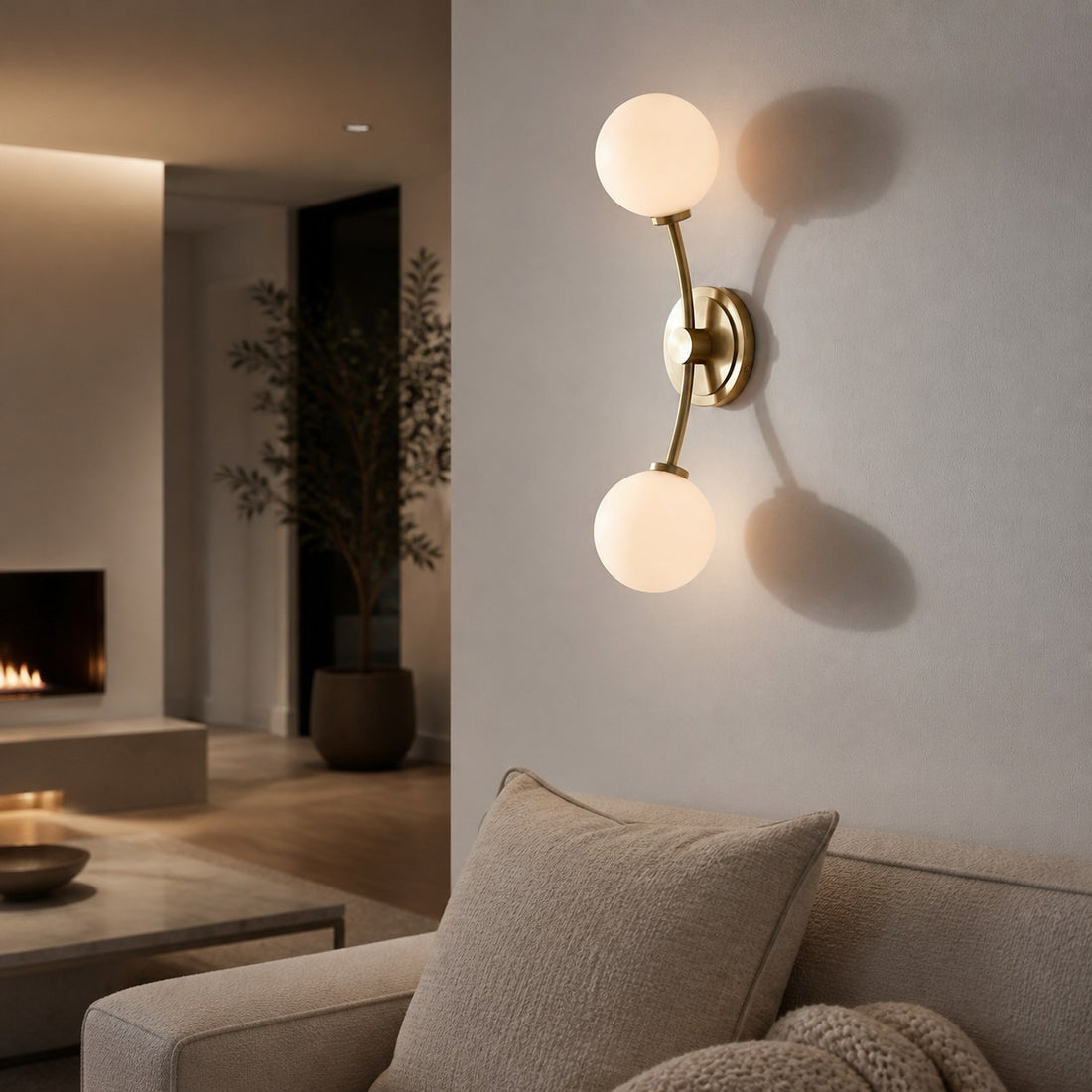 Arden Glass 2 Light Iron Wall Sconce - Modern Curved Design for Bathroom or Hallway