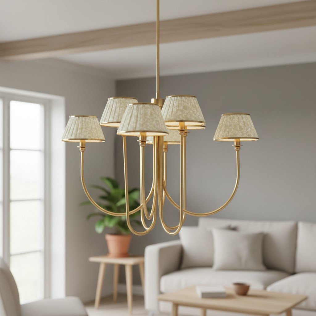 Ruchee Chandelier – Layered Fabric Shade Brass Ceiling Light for Dining or Living Spaces