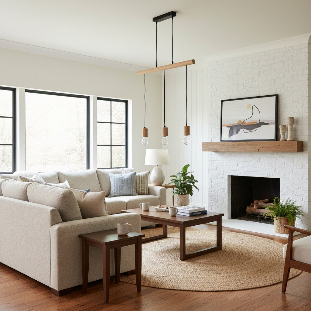 Virell Adjustable Linear Ceiling Light – 3‑Bulb Wooden and Metal Design for Kitchen Island or Office