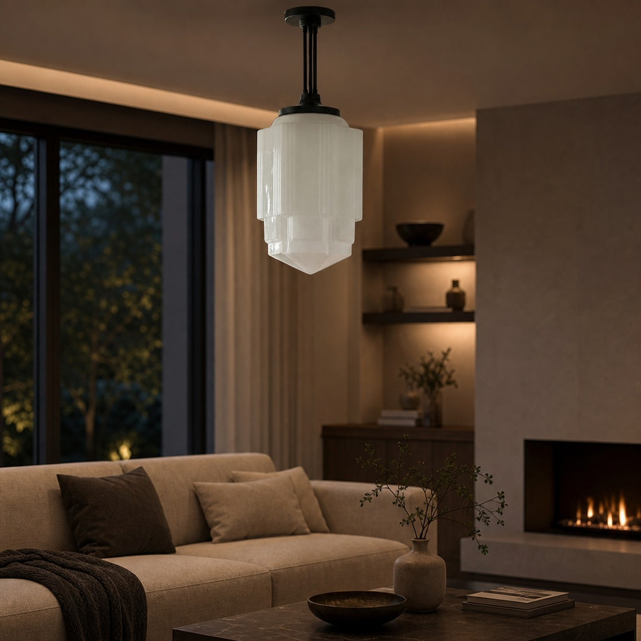 Geotower Glass Brass Pendant – Opal Globe Art Deco Hanging Light