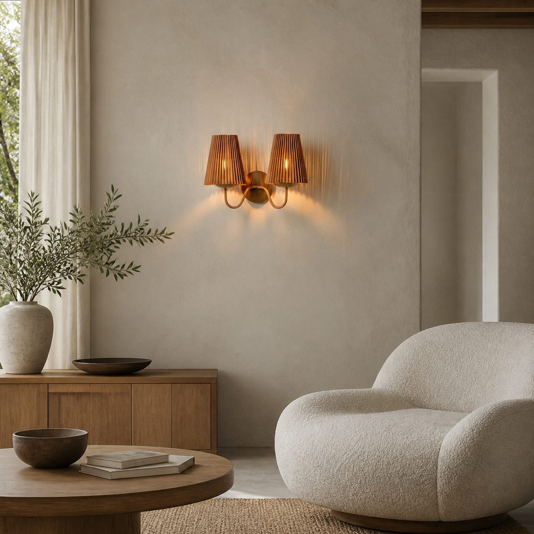 Zhoove Bamboo Wall Lamp - Pleated Natural Shade Design for Living Room or Bedroom
