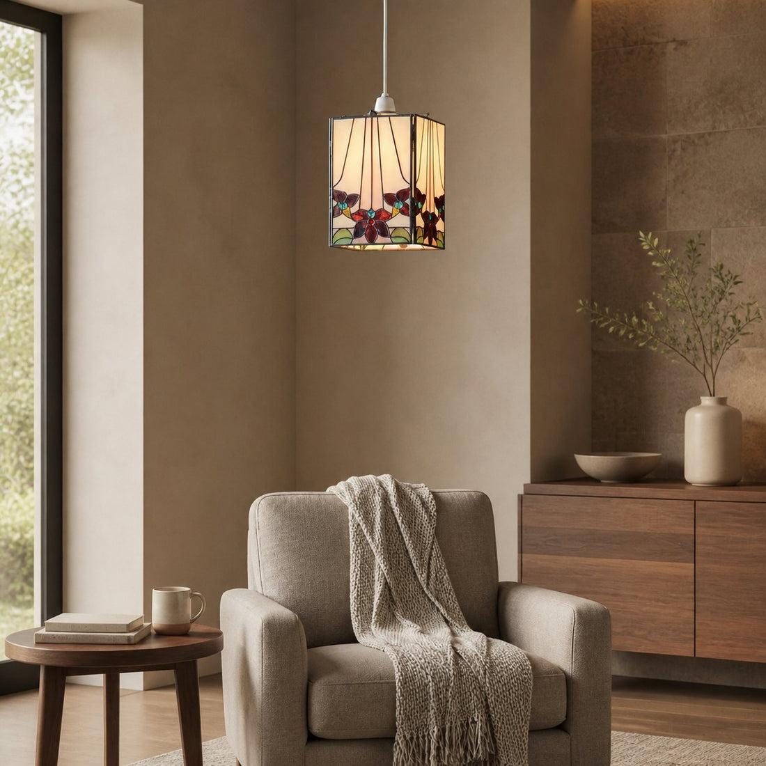 TF Camillo Mosaic Tiffany Glass Pendant Light - Square Lantern Shade - Artisan Home Décor Accessory
