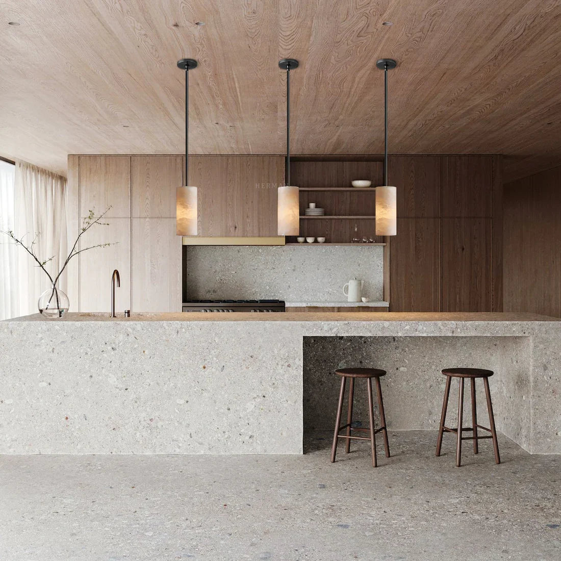 Hand Carved Alabaster Cylinder Pendant Light