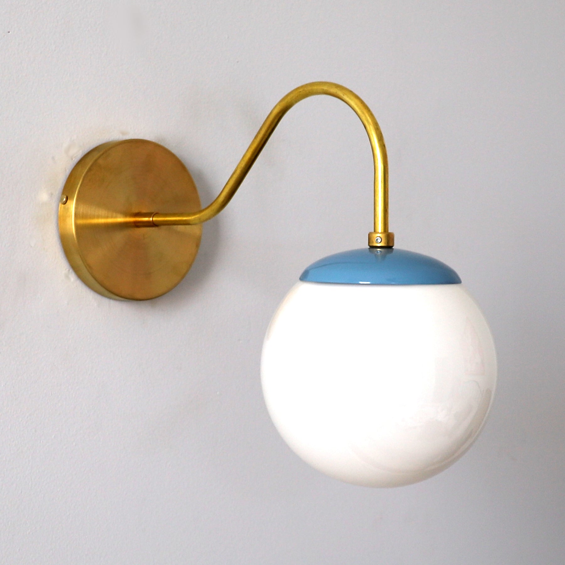 Brass Wall Lamp Sconce - Curved Arm with Handblown Frosted Glass