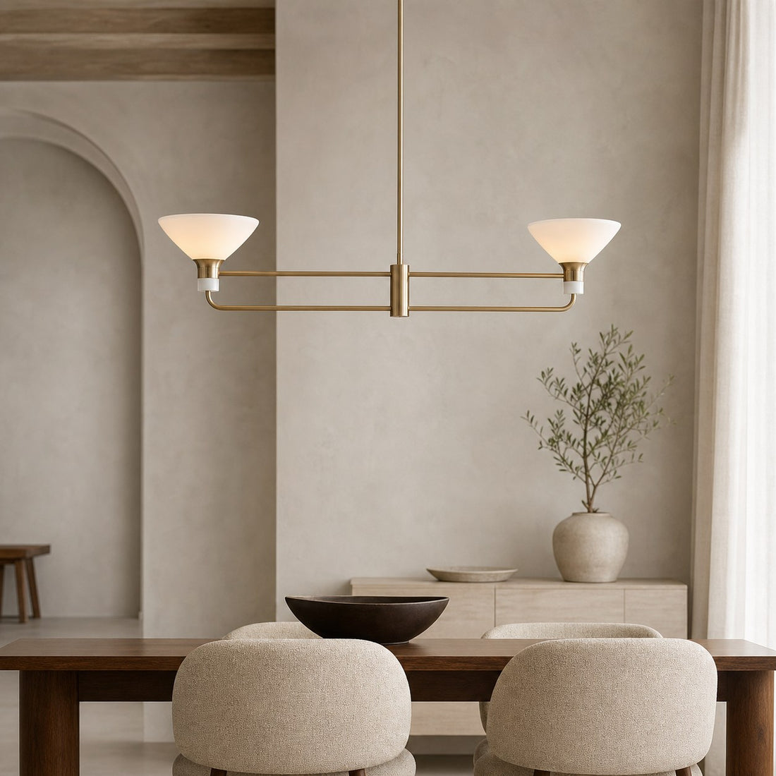 Calvor Linear 2 Light Chandelier - Porcelain Shades and Bronze Finish