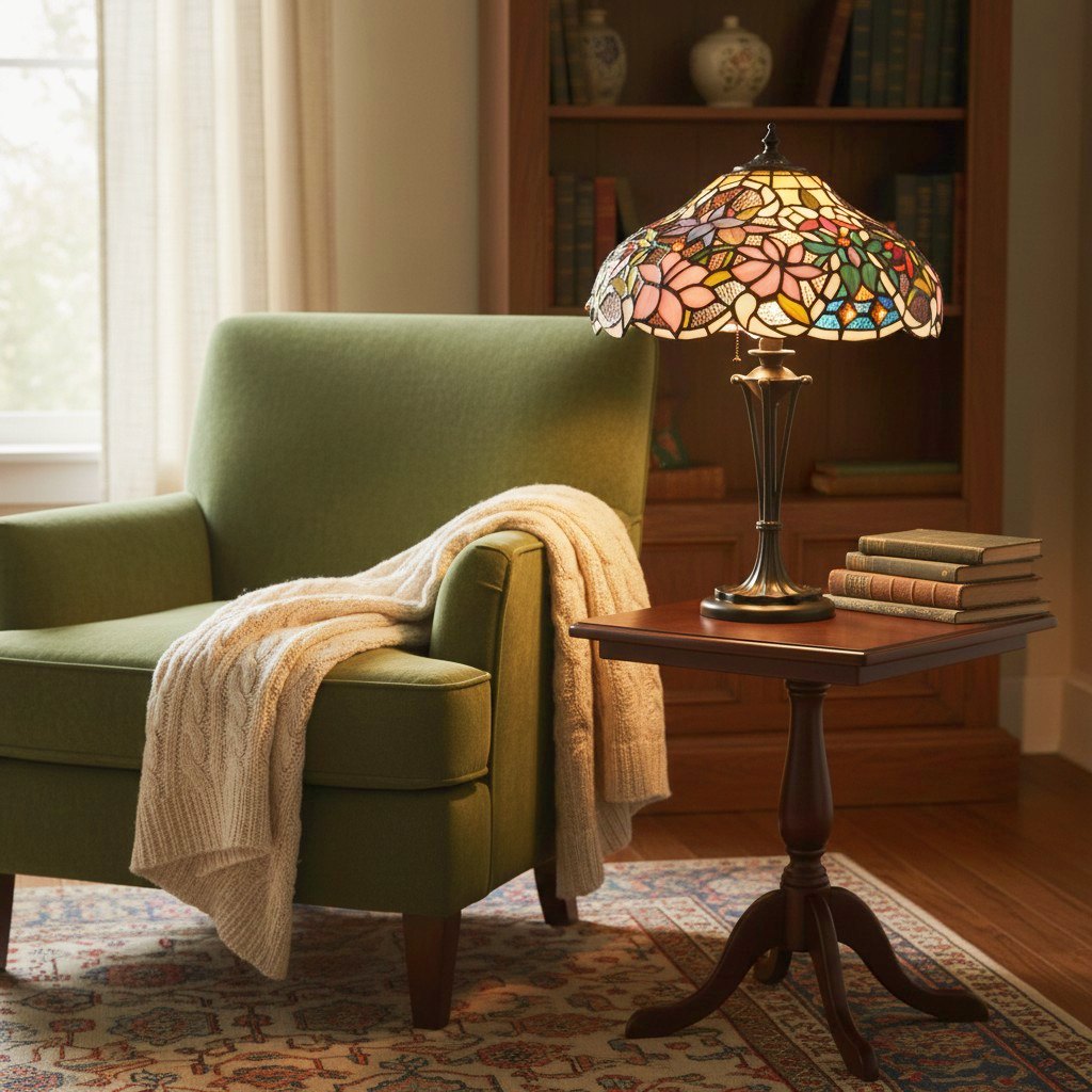 TF Sullivan Tiffany Table Lamp - Floral Stained Glass Design for Bedroom or Living Room