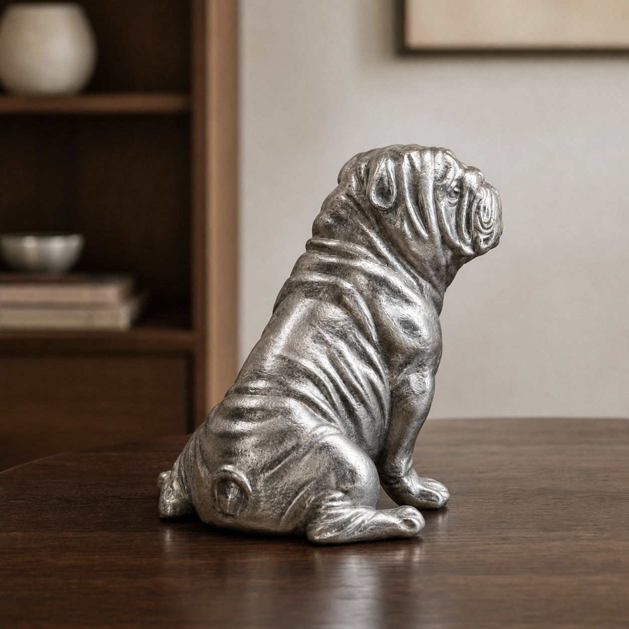 Floxo white copper bulldog sculpture on a wooden table