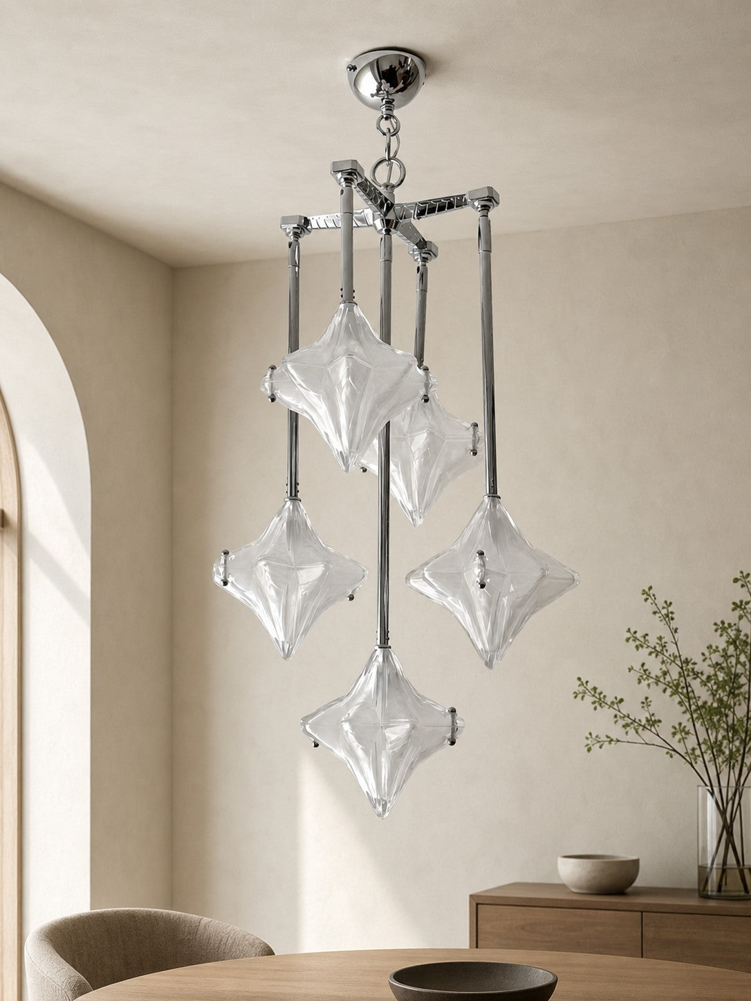Art Deco Astris Star Chandelier – Frosted Glass Deco Fixture for Dining Room