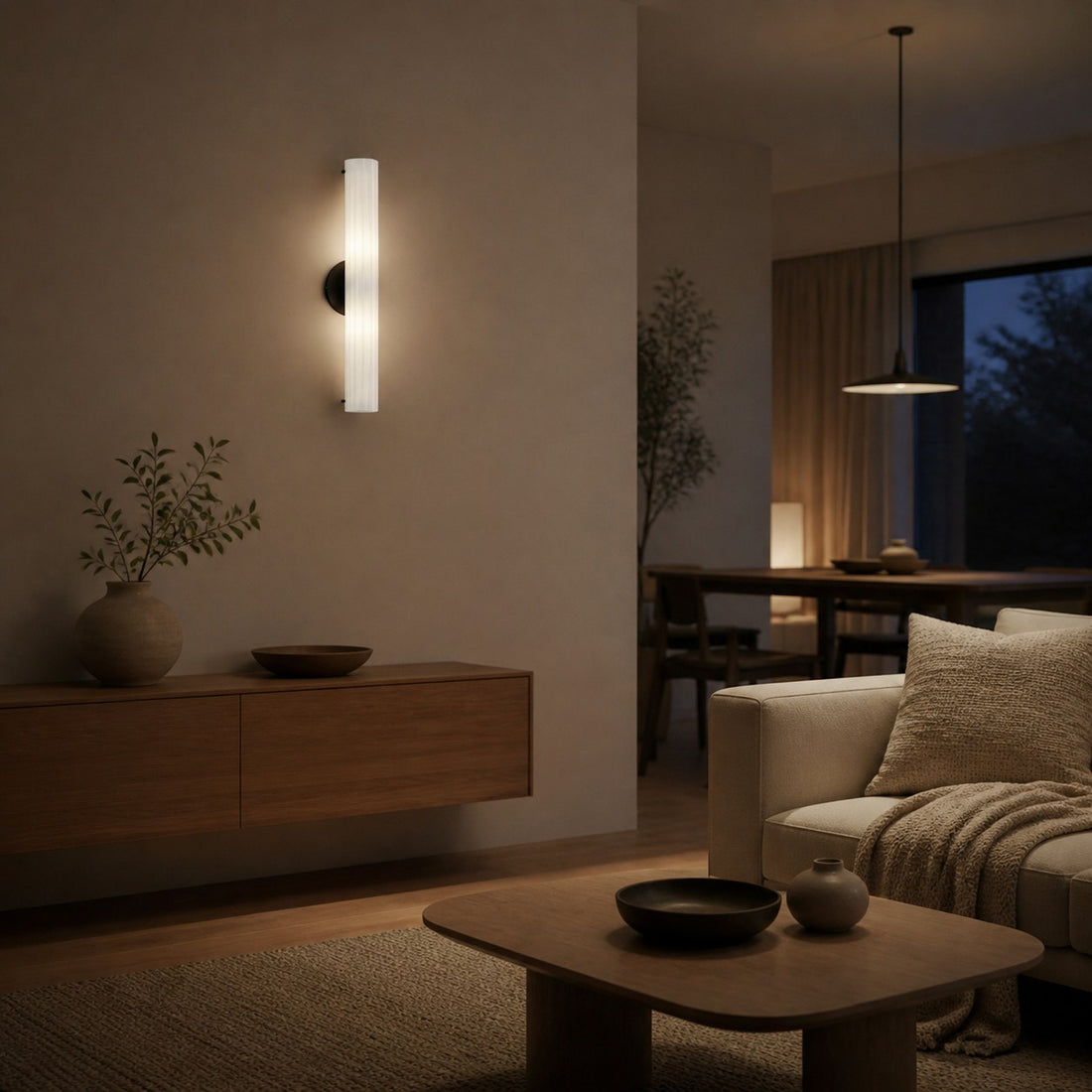 Trenia Steel Wall Sconce with Milky Glass Shade - Vertical Ribbed Design