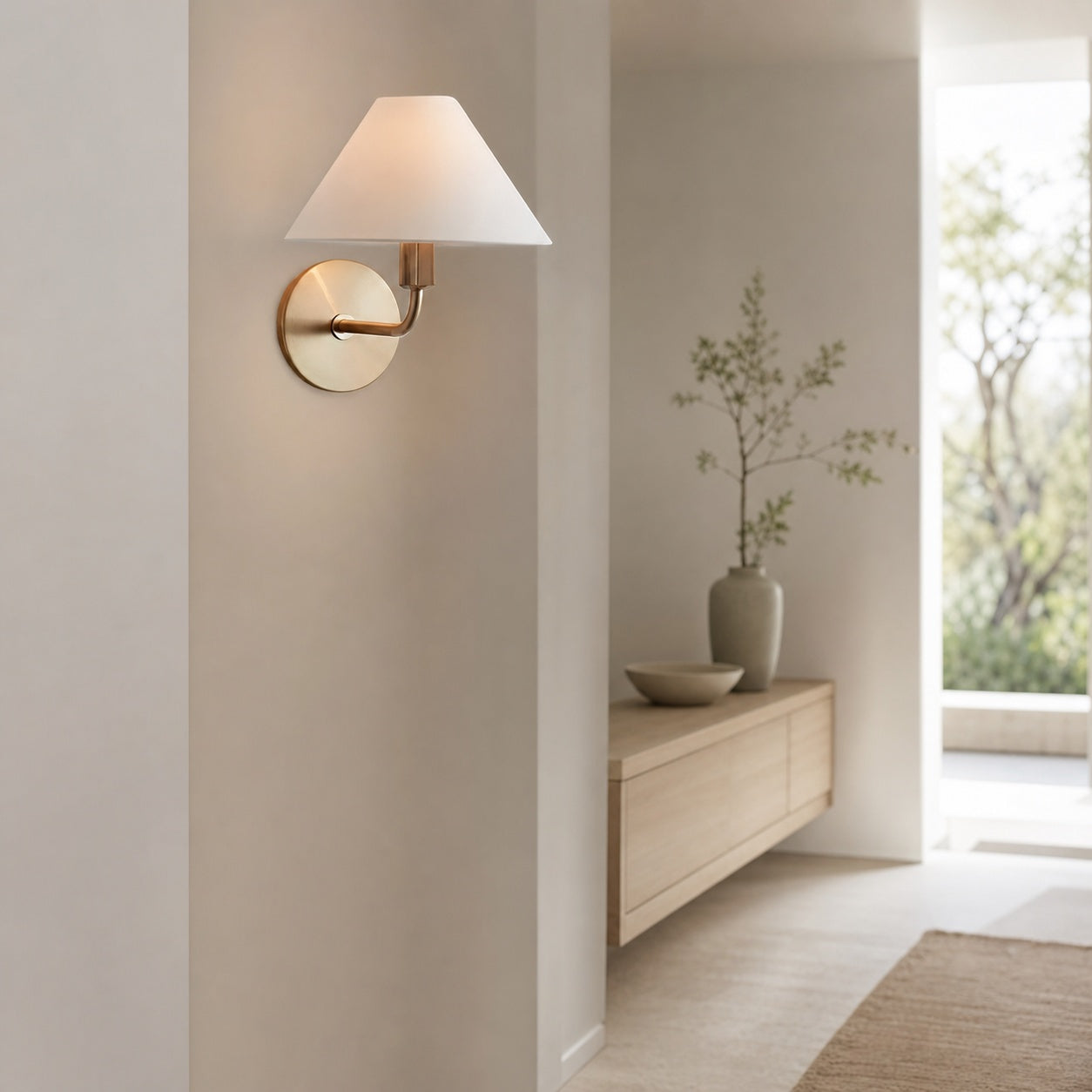 Gilda Fabric Drum Shade Wall Sconce - Modern Brass Accent Light for Bedroom and Hallway
