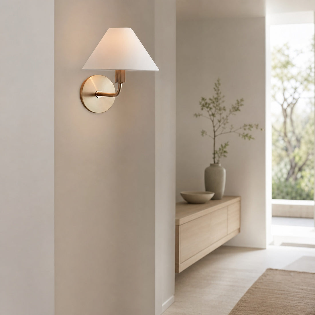 Gilda Fabric Drum Shade Wall Sconce - Modern Brass Accent Light for Bedroom and Hallway