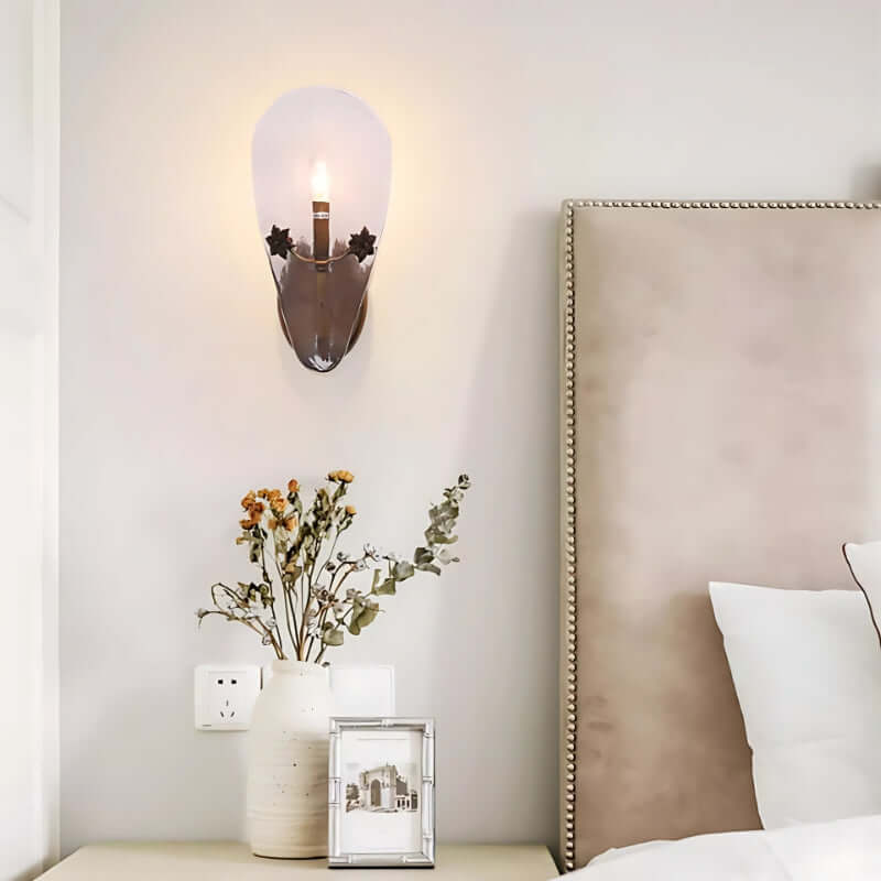 Nostalgic Copper Leaf Shape Frosted Glass Wall Lamp With Pastoral Flowers Embellishmen-Oodioo