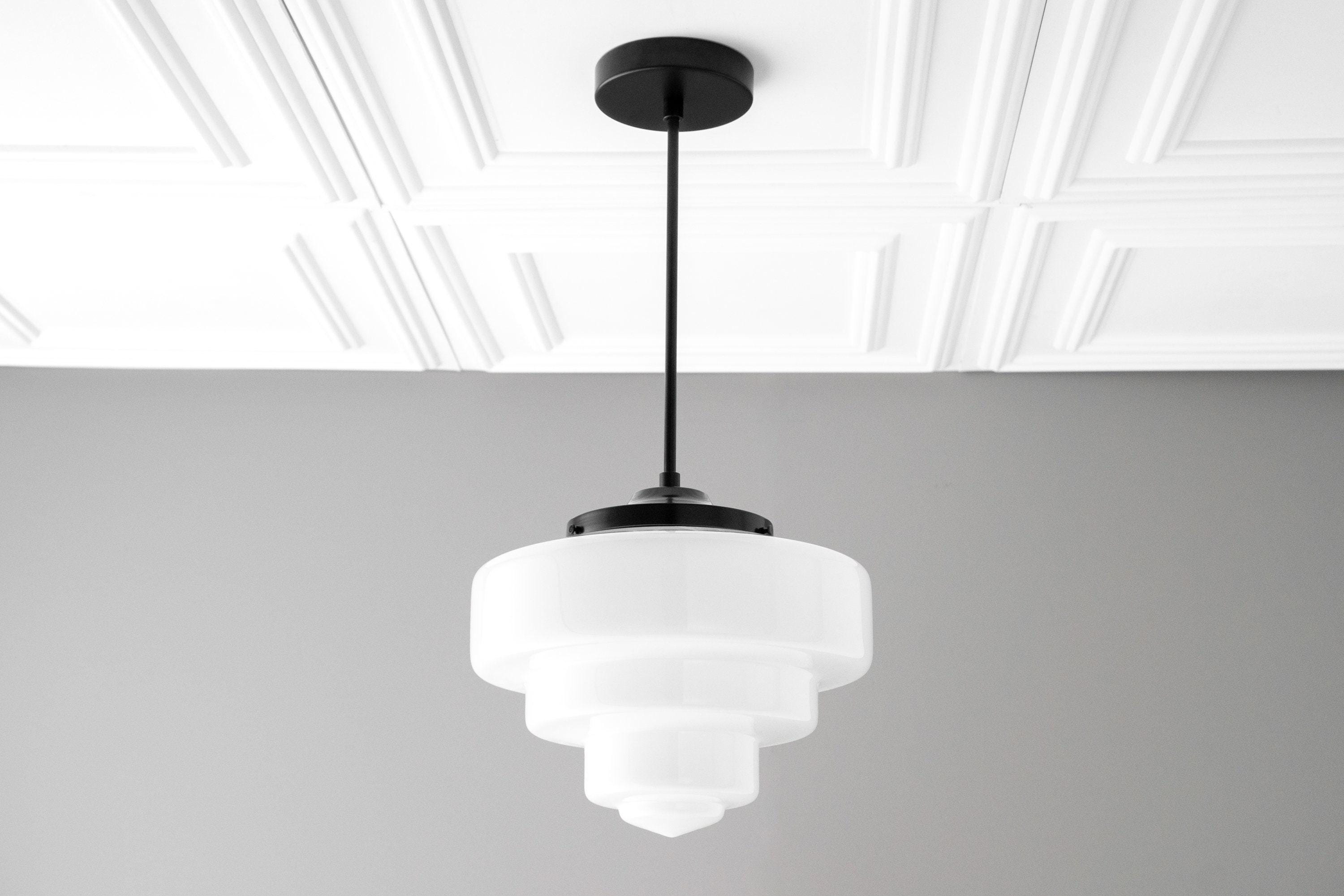 Geotower Glass Brass Pendant Light – Art Deco Opal Globe Ceiling Fixture