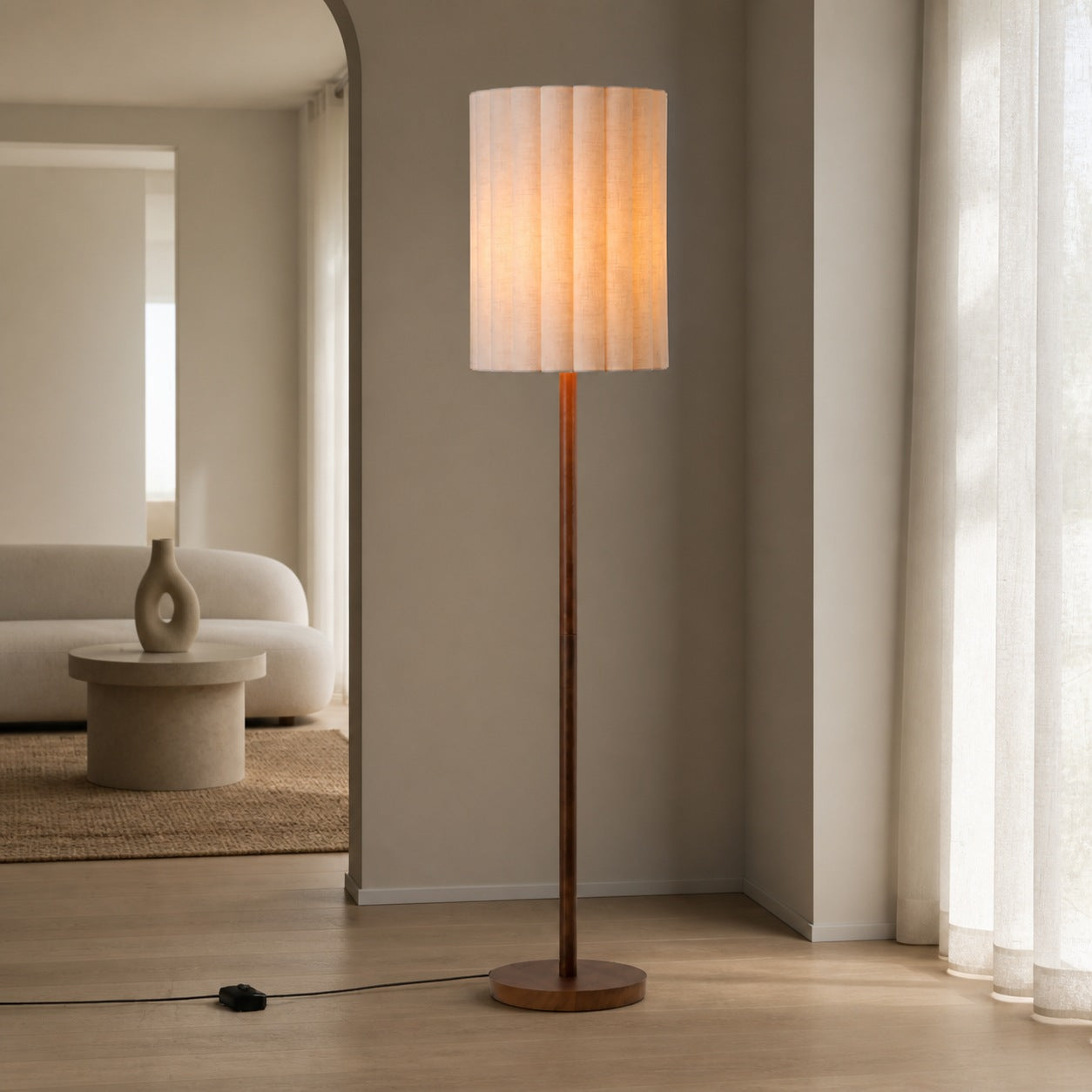 Linbron Walnut Wood Floor Lamp with Fluted Linen Shade – Modern Natural Home Decor