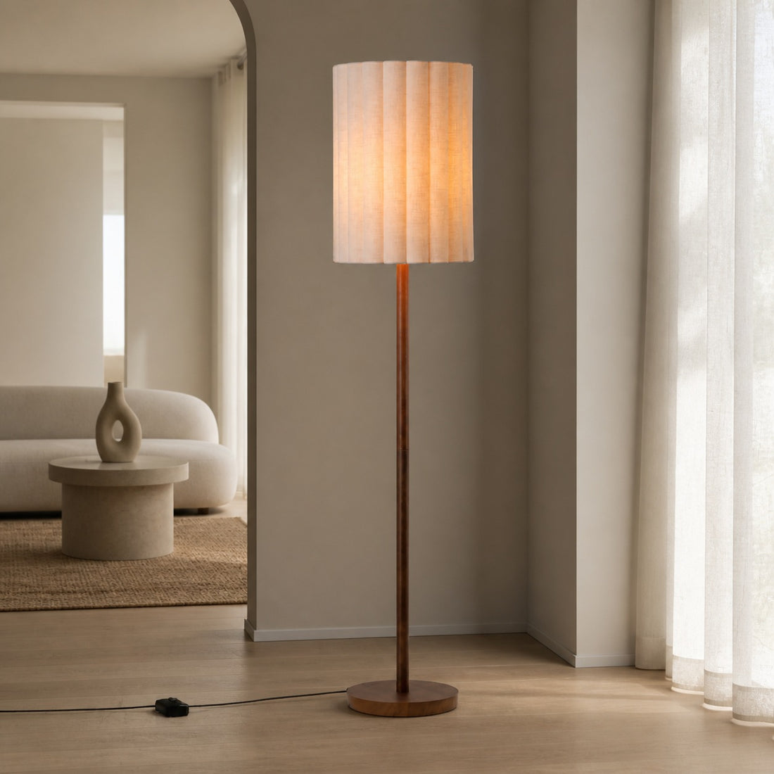 Linbron Walnut Wood Floor Lamp with Fluted Linen Shade – Modern Natural Home Decor