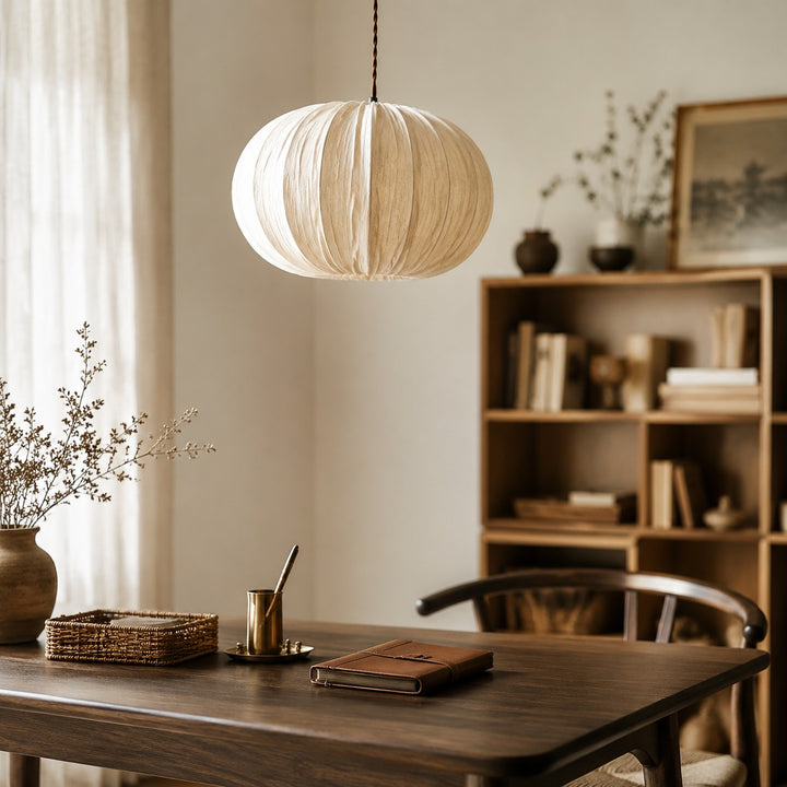Fabric Globe Pendant Light with Wood Canopy