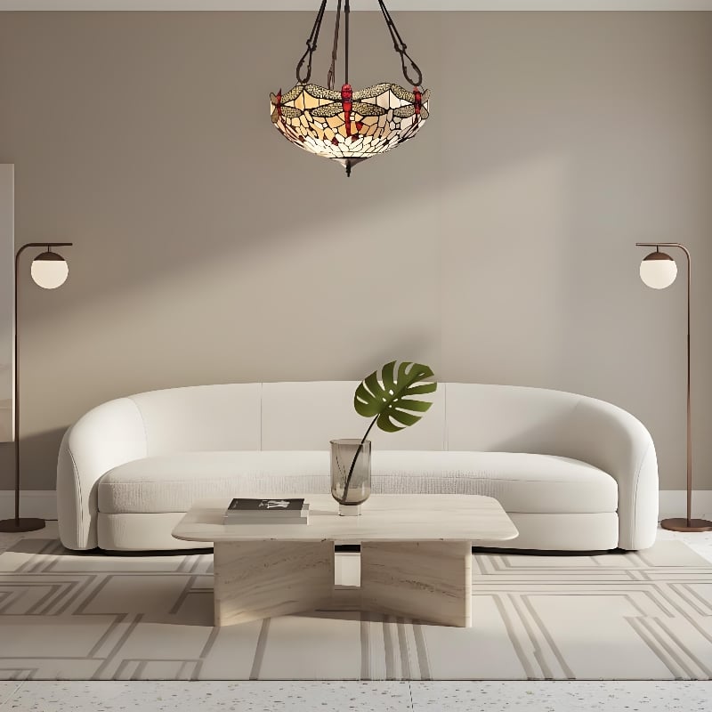 TF Dragonfly Beige Tiffany Pendant Lamp – Elegant Stained Glass Fixture for Dining Room and Bedroom