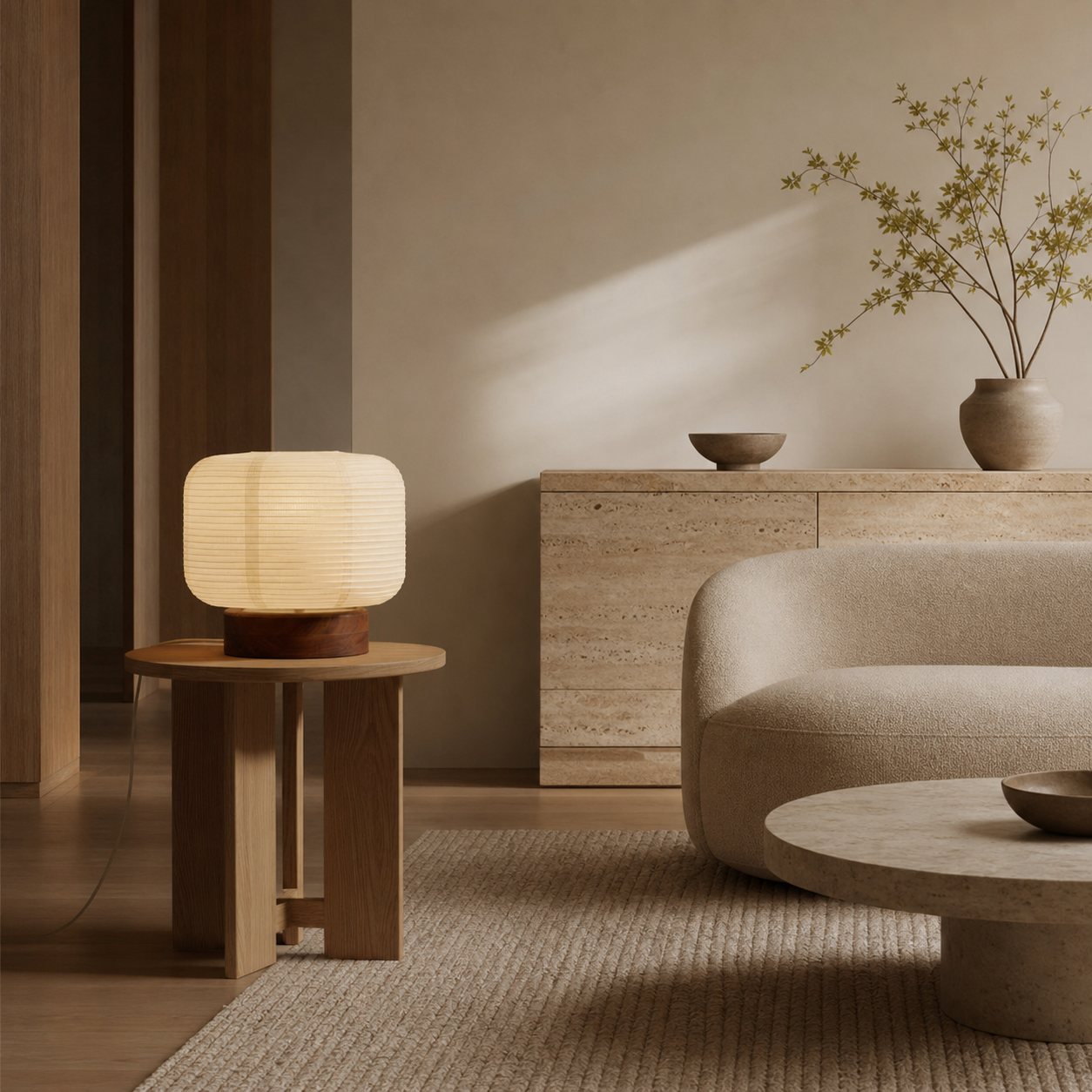 Tivo Japanese Ribbed Lampshade Compact Table Lamp - A Minimalist Paper Lantern Design with Wood Base