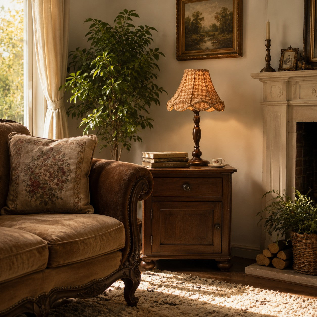 Vintage wood table lamp styled beside a classic armchair