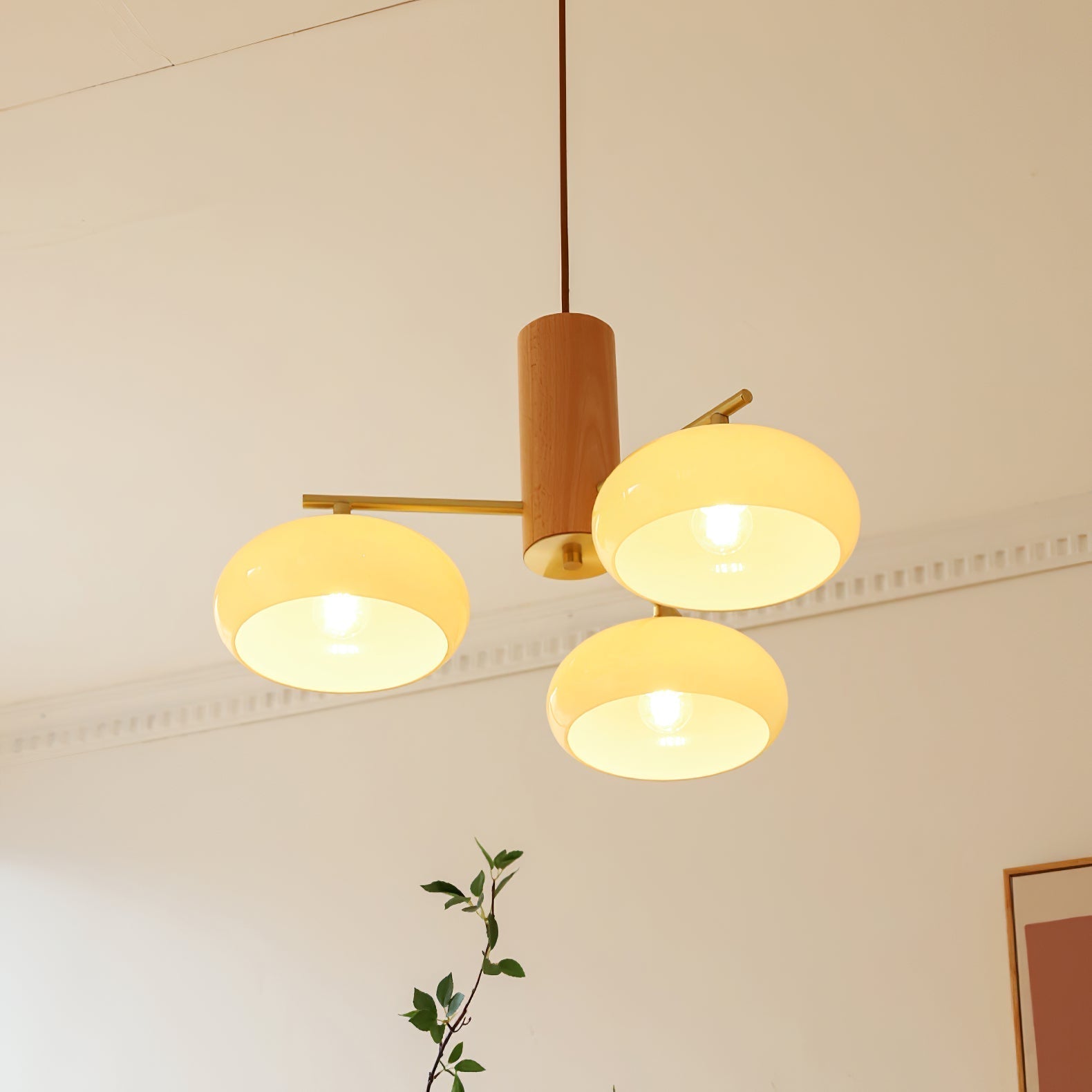 Bowl Shaped Multi - Head Chandelier With Wooden Decoration