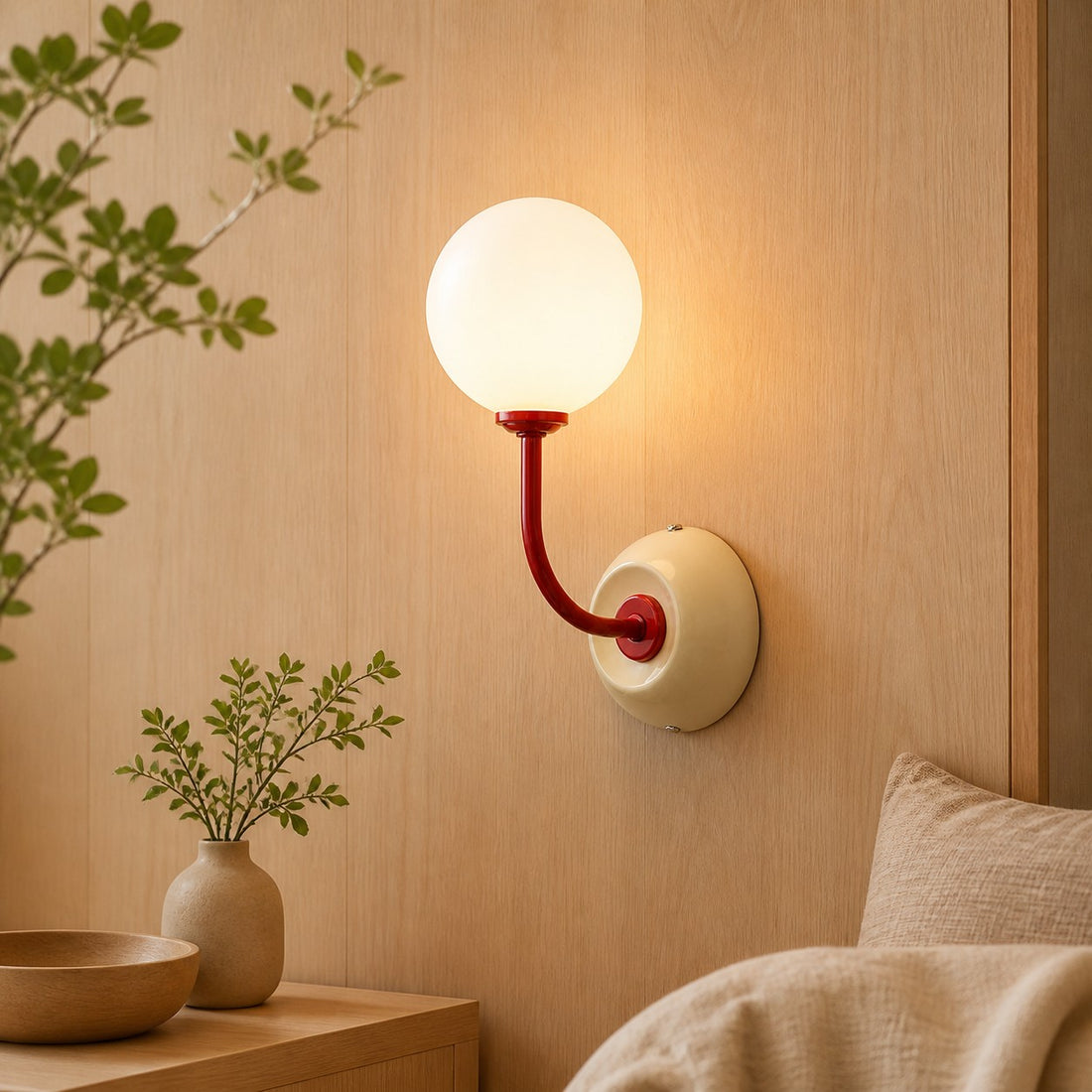 Luma Off-White wall sconce in a warm wood interior