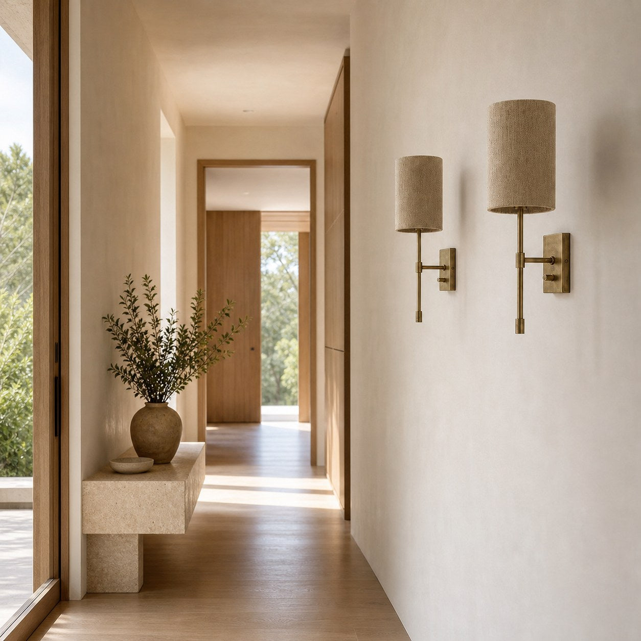 Atticus Fabric Shade Wall Sconce - Modern Brass Wall Light for Bedroom and Hallway