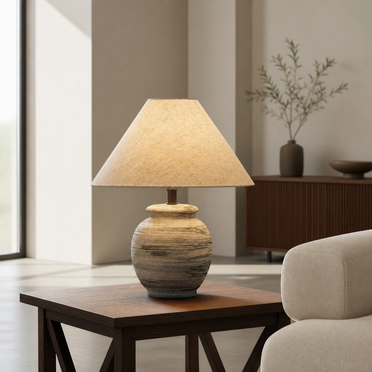 Ceravine Rustic Ceramic Base Table Lamp with Conical Fabric Shade – Elegant Accent Lighting for Home