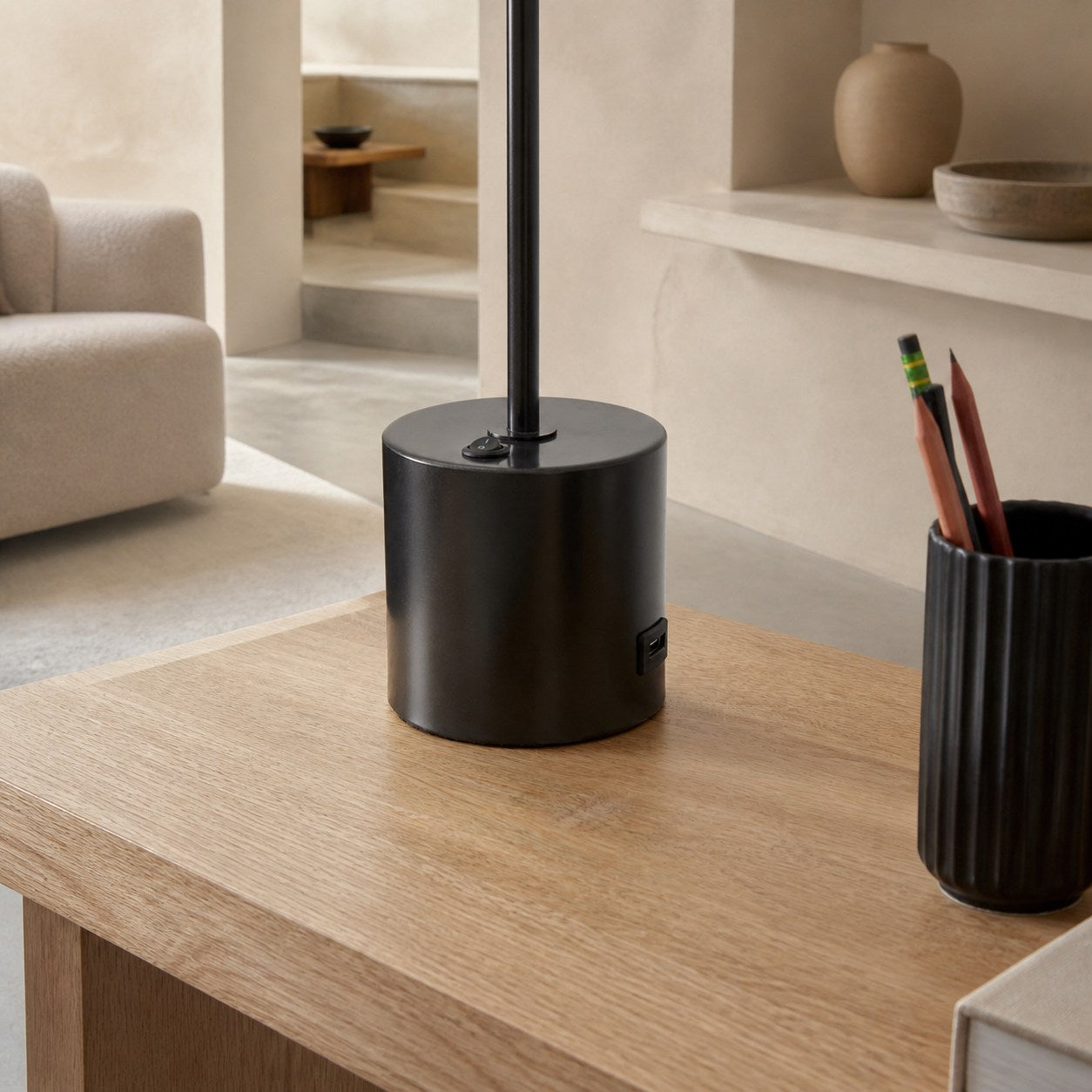 Moss Modern Linear Wood LED Table Lamp – Adjustable Swivel, USB Charging