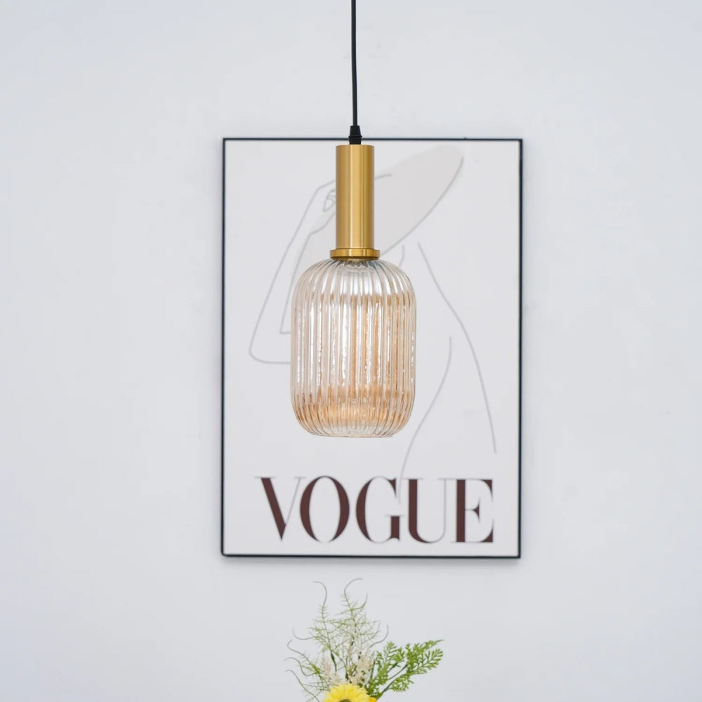 Ribbed Stained Glass Pendant Lamp – Retro Lantern Shape Hanging Light