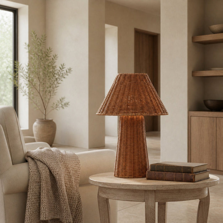 Wickara Sculptural Rattan Mini Table Lamp - Natural Woven Finish Suitable for Side Tables & Entryways